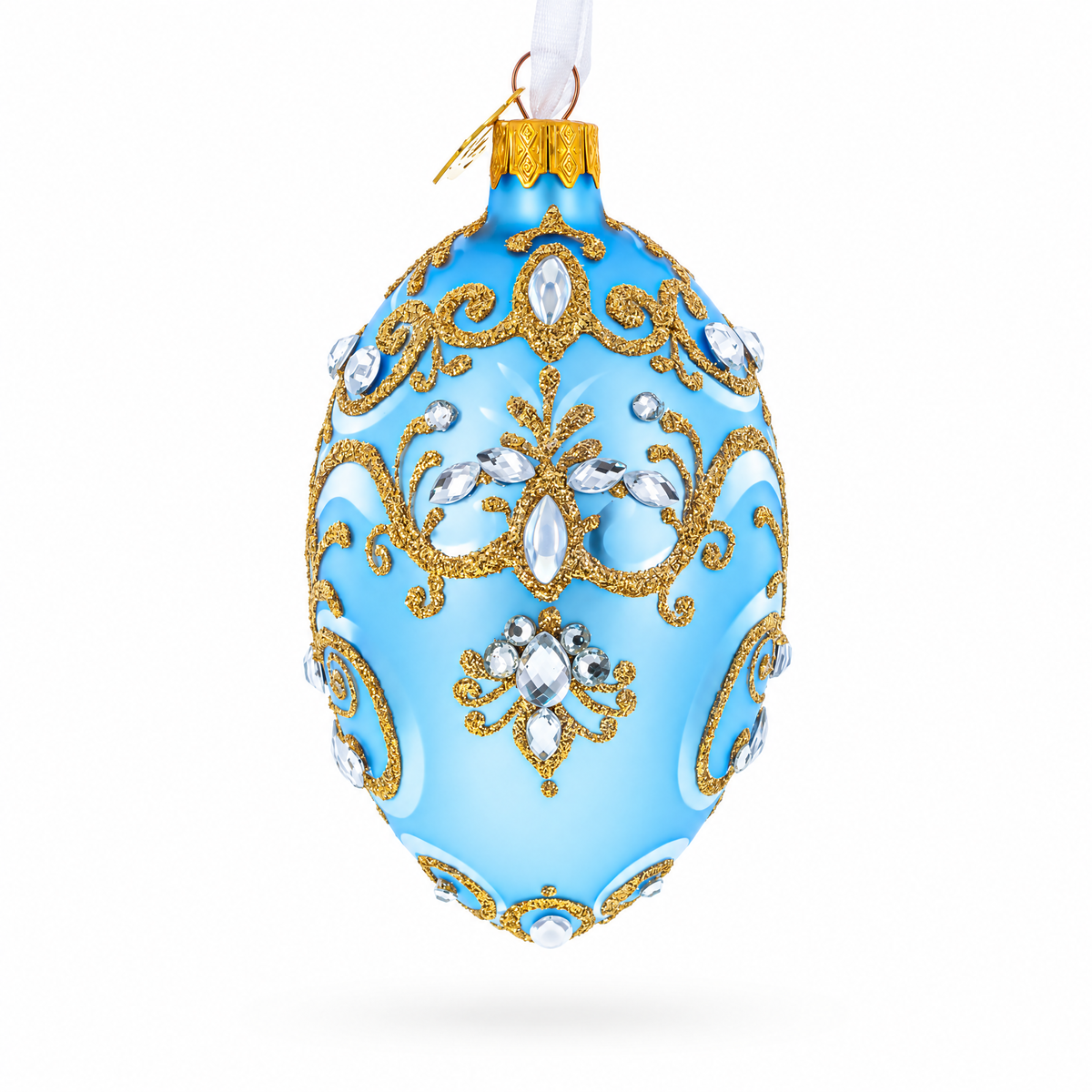 Elegant Blue and Gold Jeweled Glass Egg Ornament 4 Inches