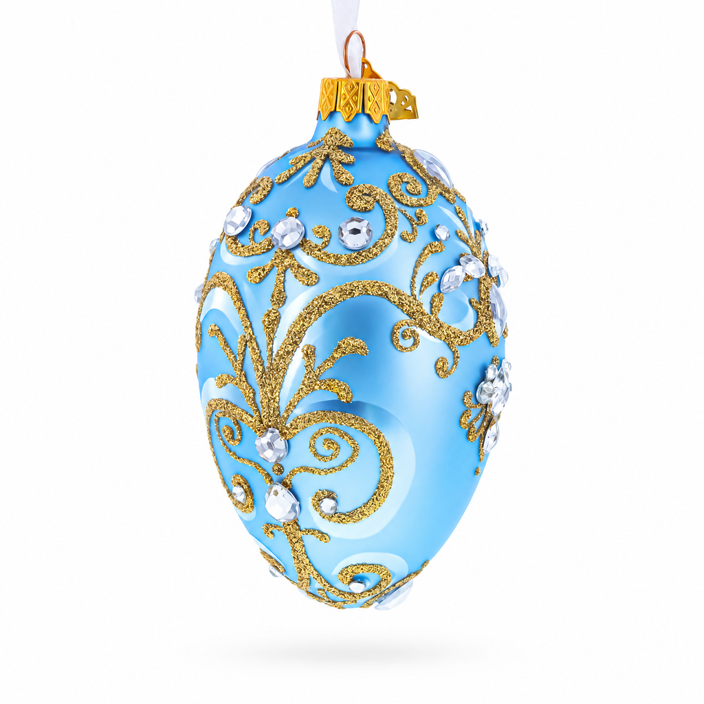 Elegant Blue and Gold Jeweled Glass Egg Ornament 4 Inches