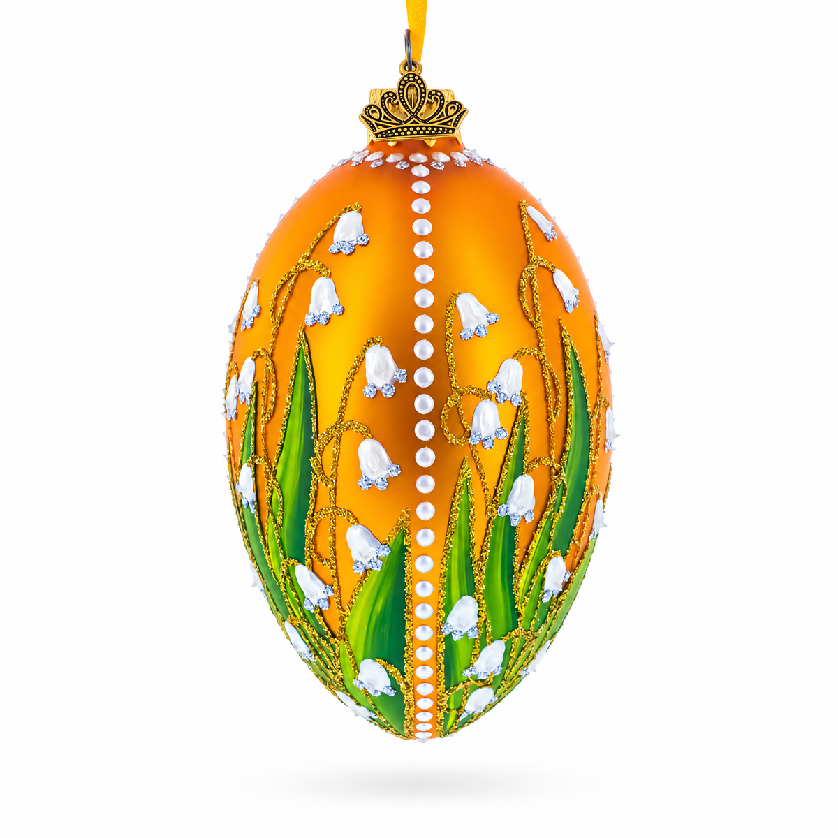 Lily of the Valley on Gold Egg Glass Ornament 4 Inches