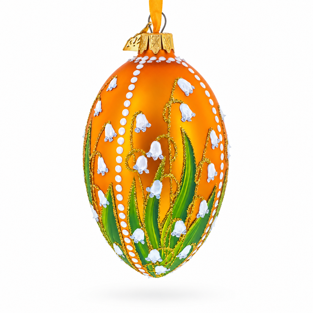 Lily of the Valley on Gold Egg Glass Ornament 4 Inches