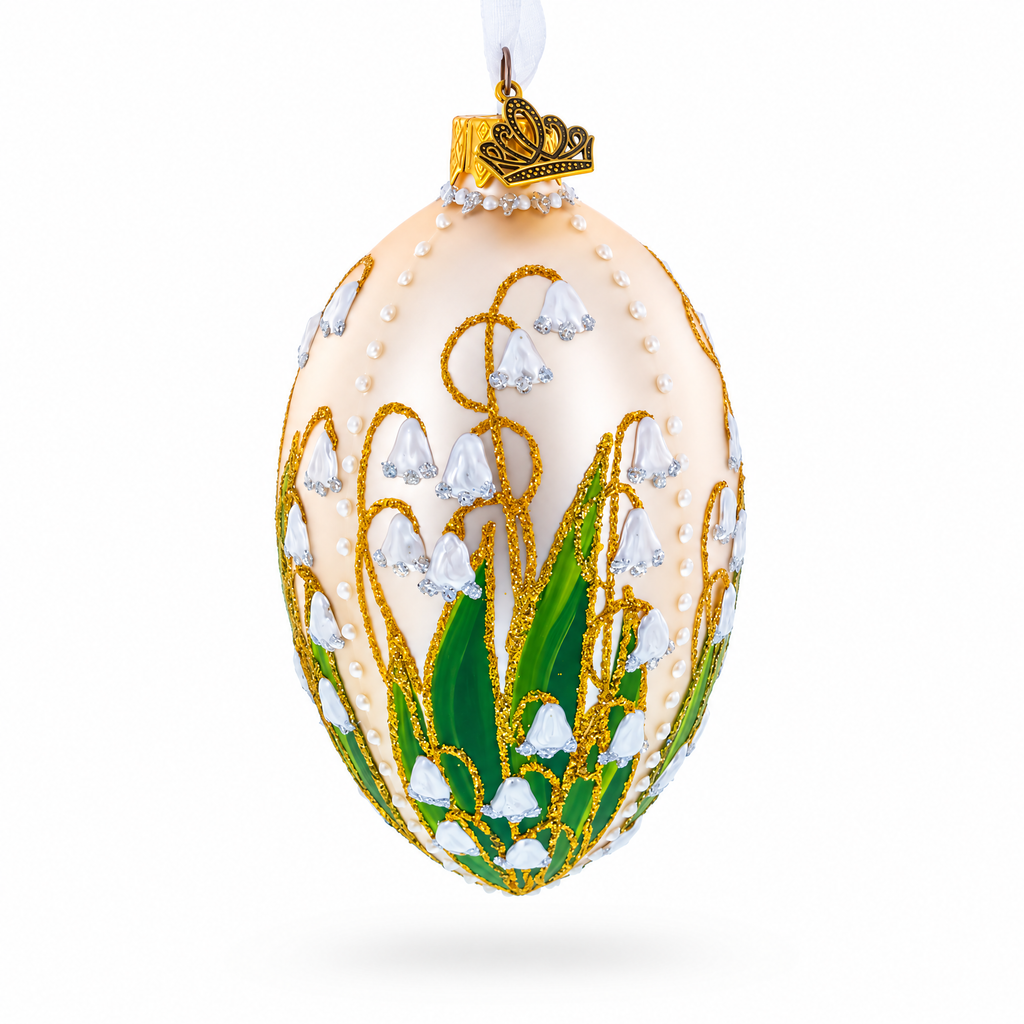Lily of the Valley on Ivory Egg Glass Ornament 4 Inches