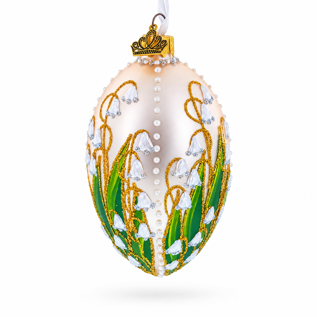 Lily of the Valley on Ivory Egg Glass Ornament 4 Inches