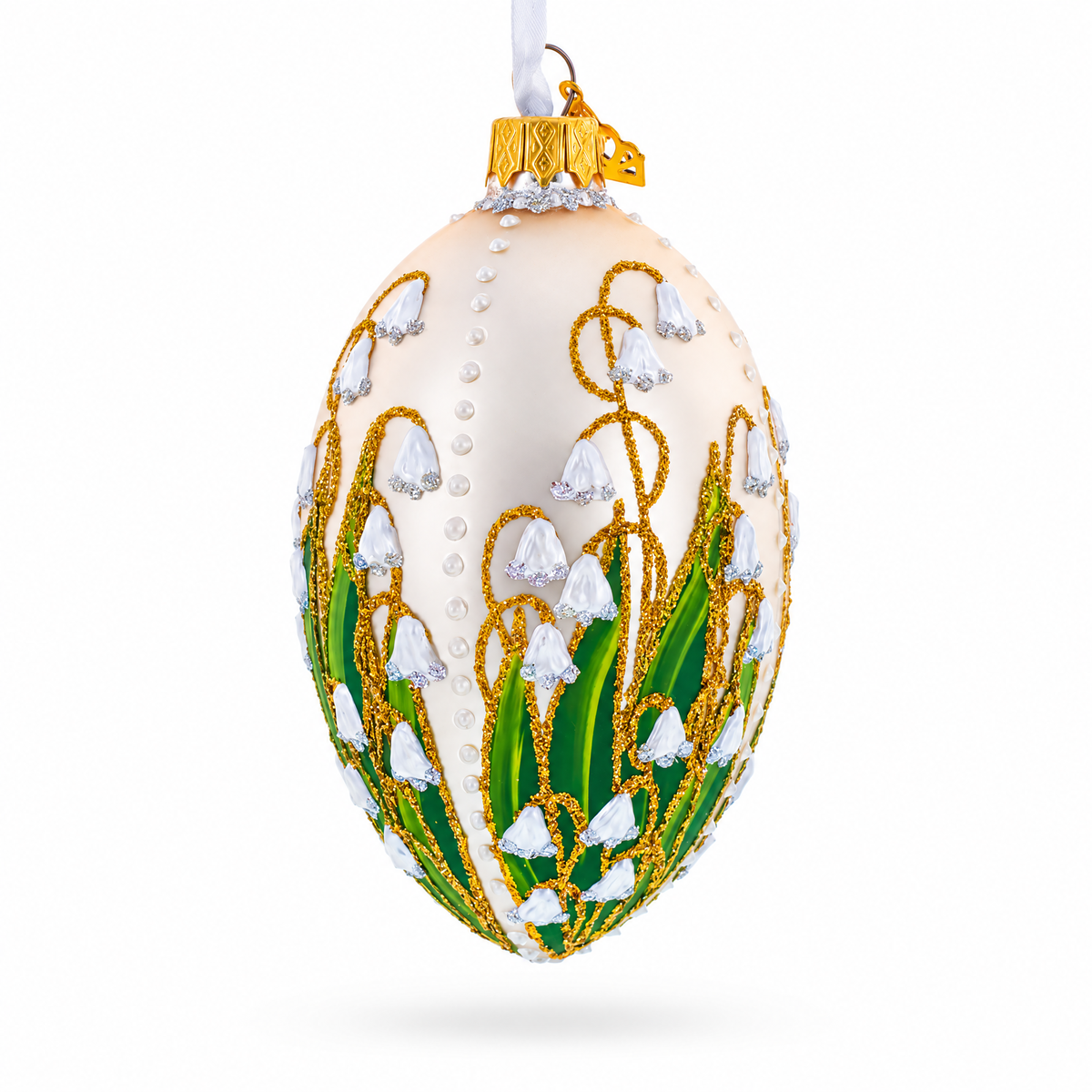 Lily of the Valley on Ivory Egg Glass Ornament 4 Inches