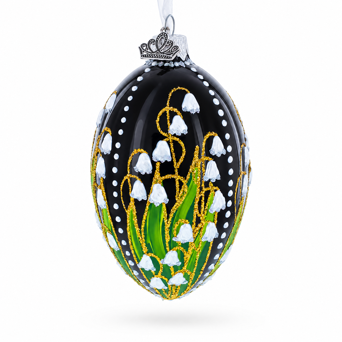 Lily of the Valley on Glossy Black Egg Glass Ornament 4 Inches