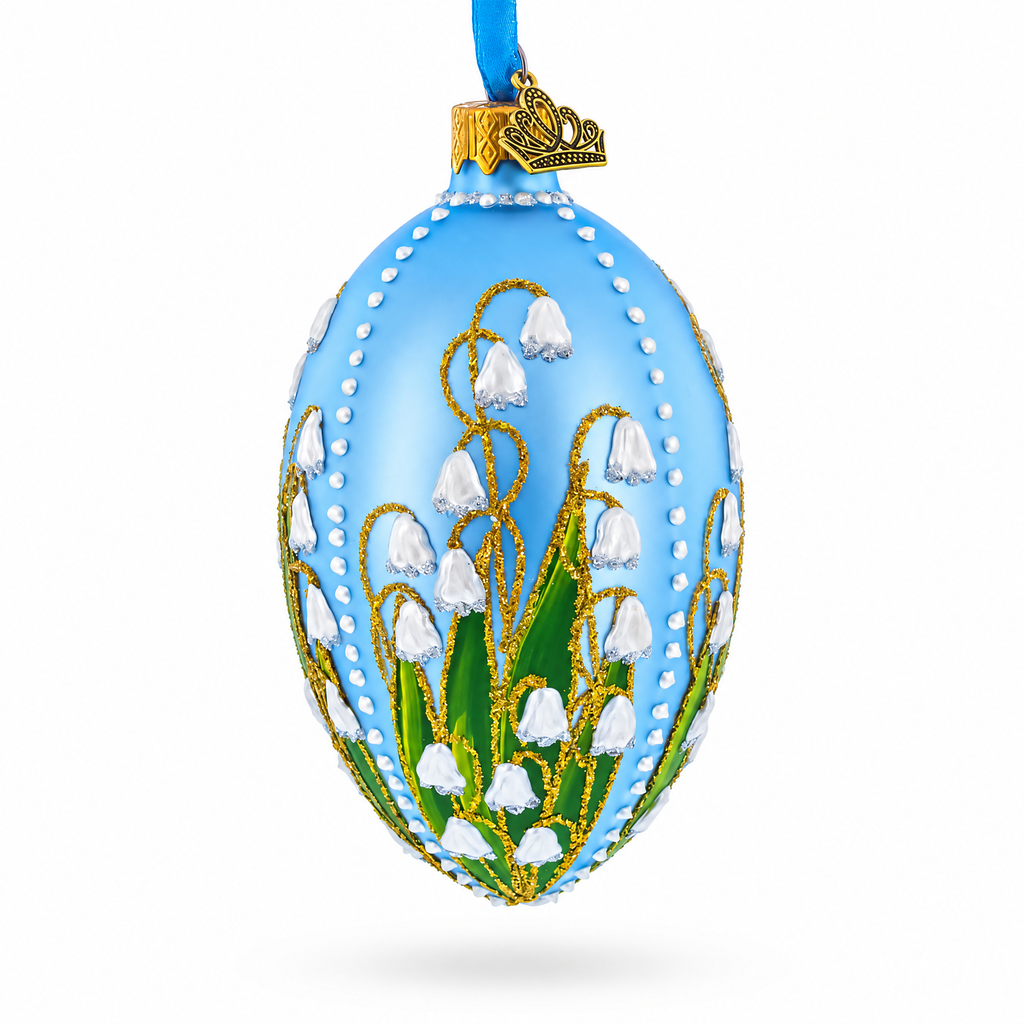 Lily of the Valley on Frosted Blue Egg Glass Ornament 4 Inches