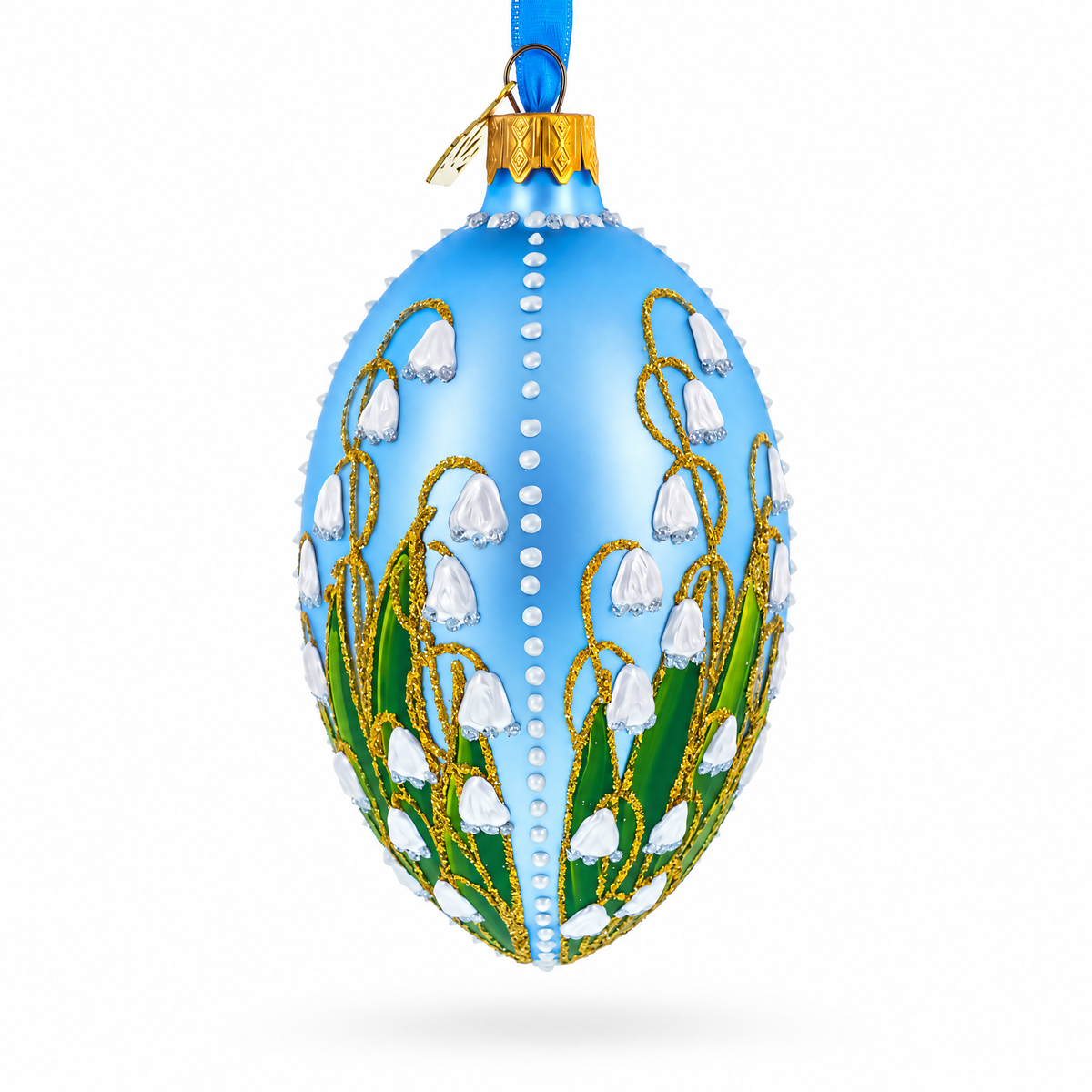 Lily of the Valley on Frosted Blue Egg Glass Ornament 4 Inches