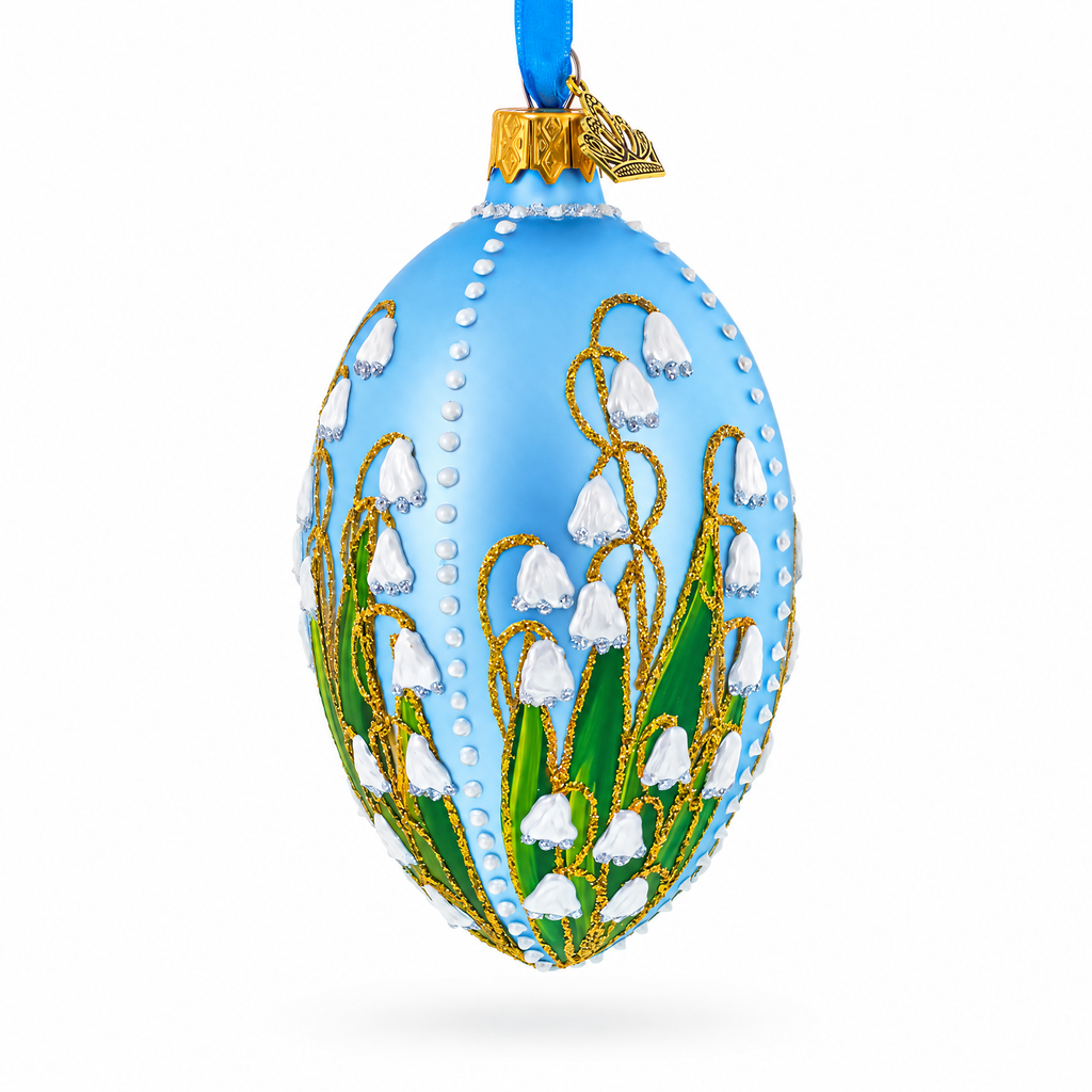 Lily of the Valley on Frosted Blue Egg Glass Ornament 4 Inches