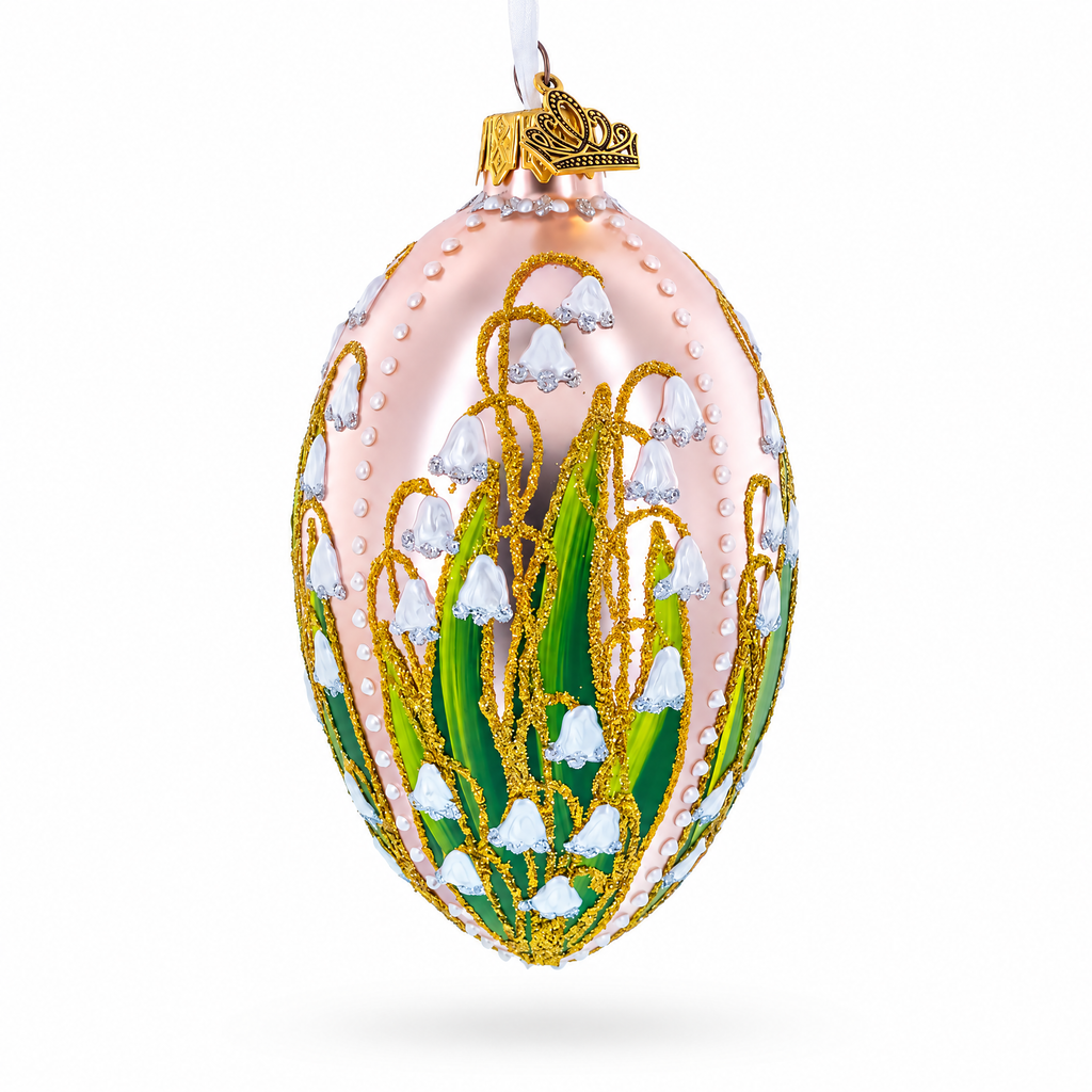 Lily of the Valley on Frosted Rose Egg Glass Ornament 4 Inches