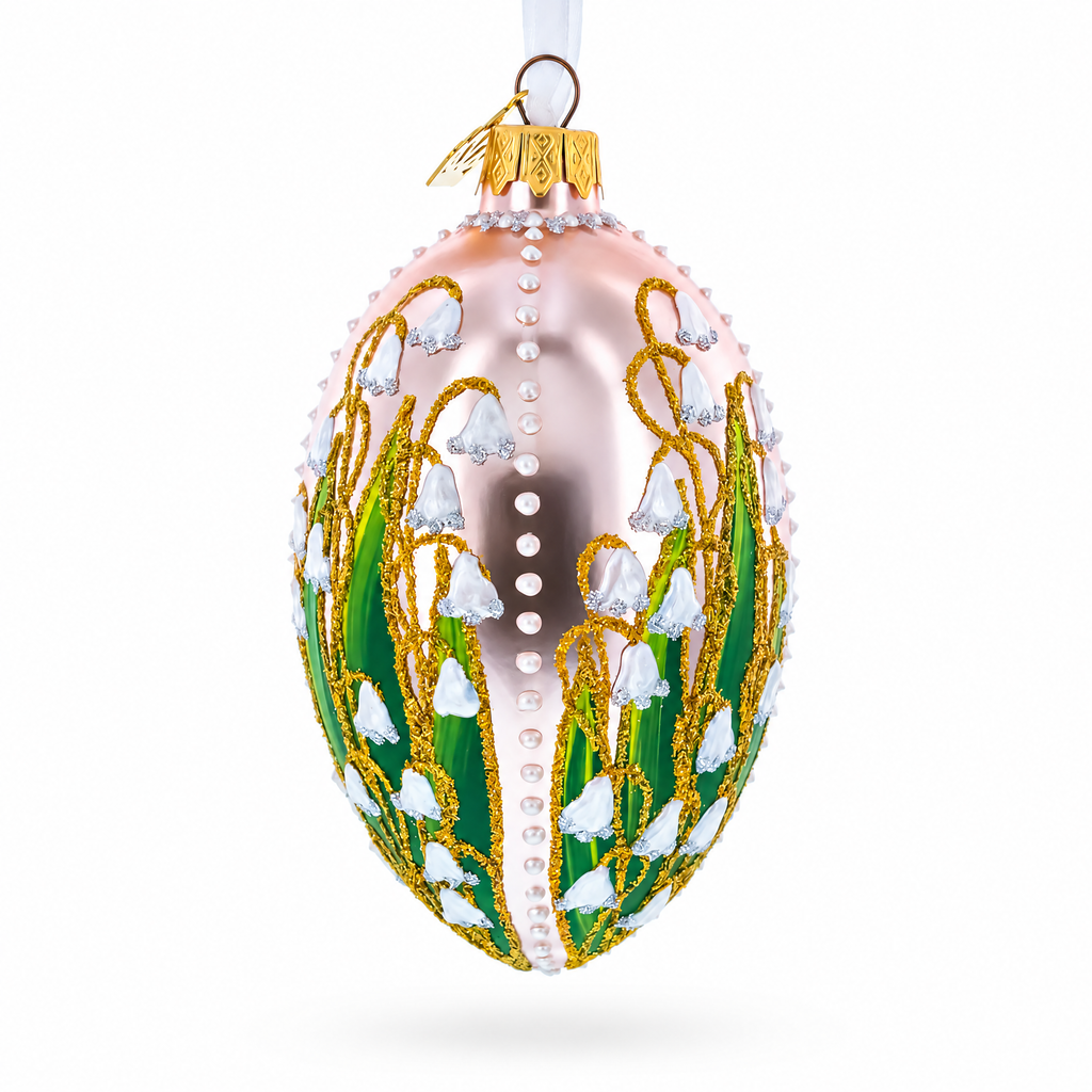 Lily of the Valley on Frosted Rose Egg Glass Ornament 4 Inches