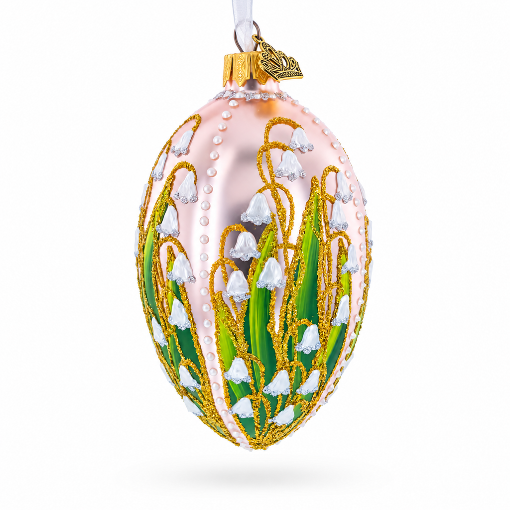 Lily of the Valley on Frosted Rose Egg Glass Ornament 4 Inches
