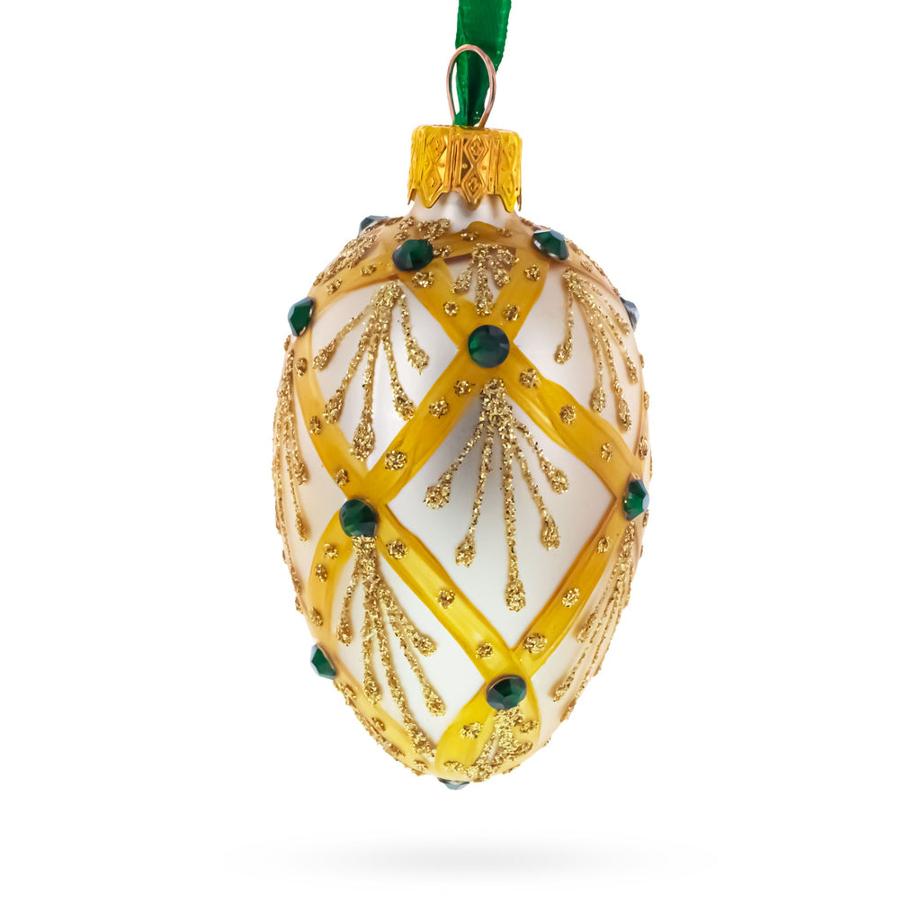 Beige & Emerald Jewel Accented Mini Glass Egg Ornament 2.9 Inches