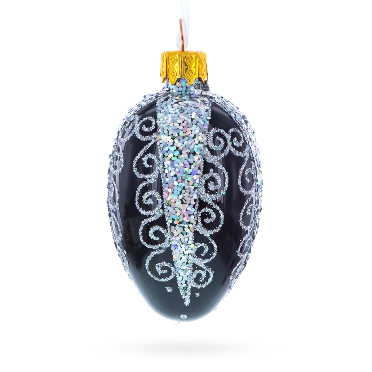 Black with Silver Glitter Swirls and Sequins Mini Glass Egg Ornament 2.9 Inches