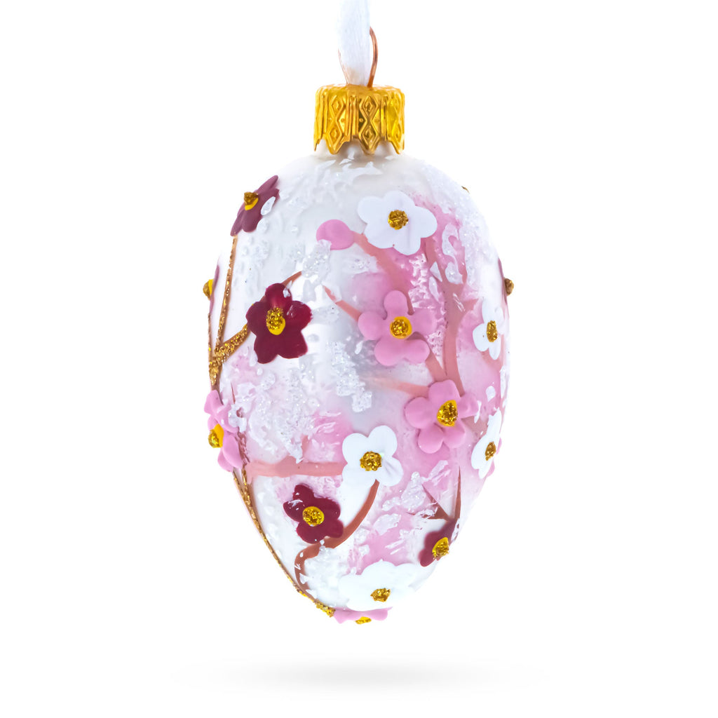 Pearl White with Pink Blossom Tree Design Mini Glass Egg Ornament 2.9 Inches