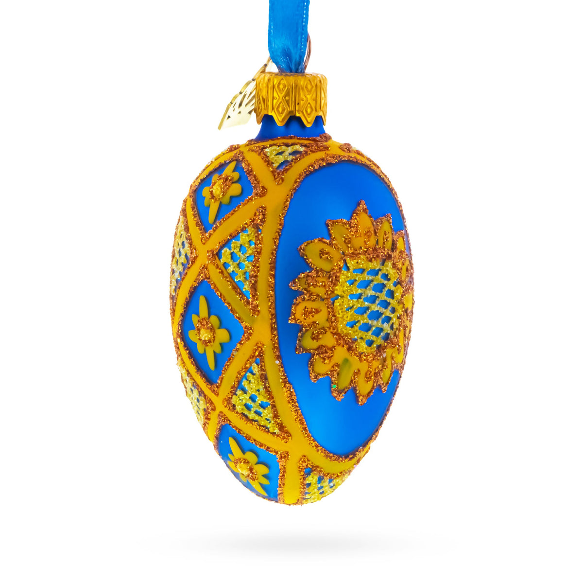 Cobalt Blue with Yellow Sunflower and Red Glitter Accents Mini Glass Egg Ornament 2.9 Inches