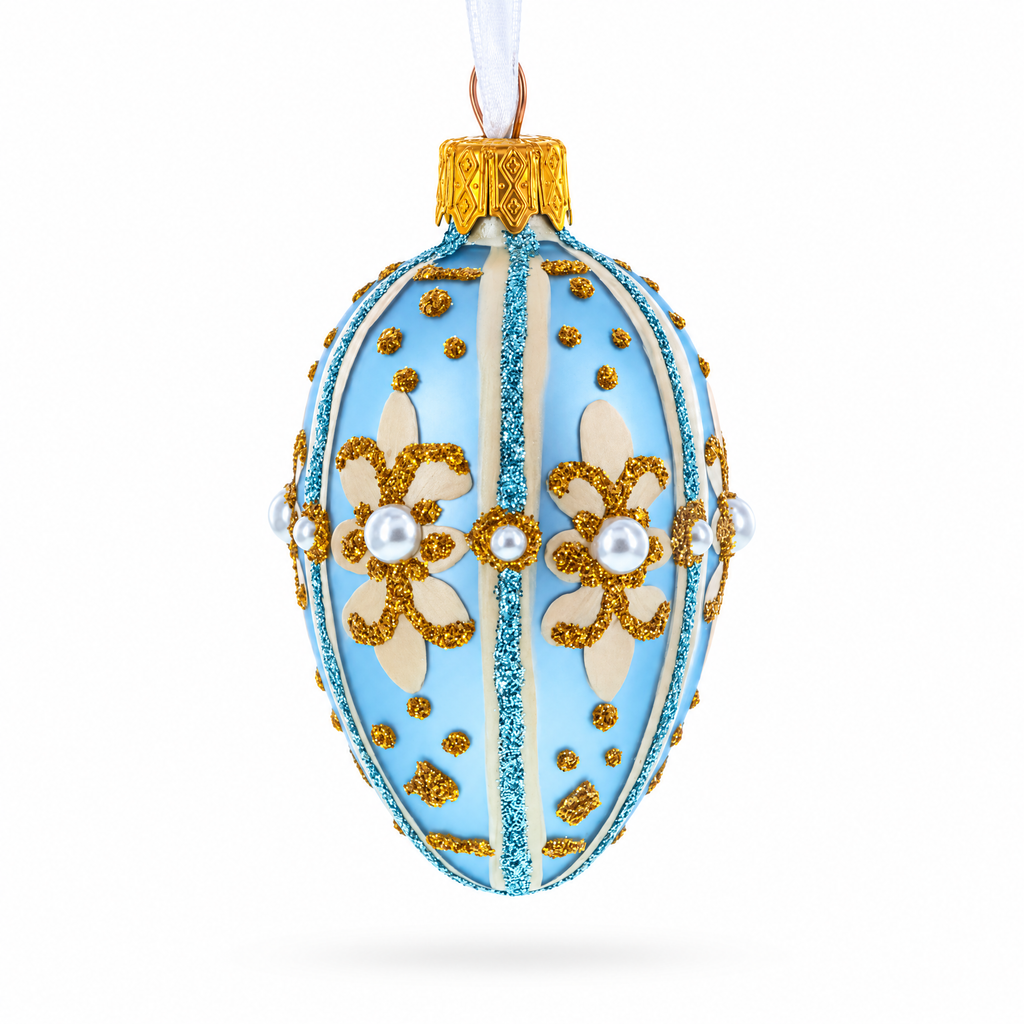 Powder Blue with Gold Glitter and Pearl Accents Mini Glass Egg Ornament 2.9 Inches