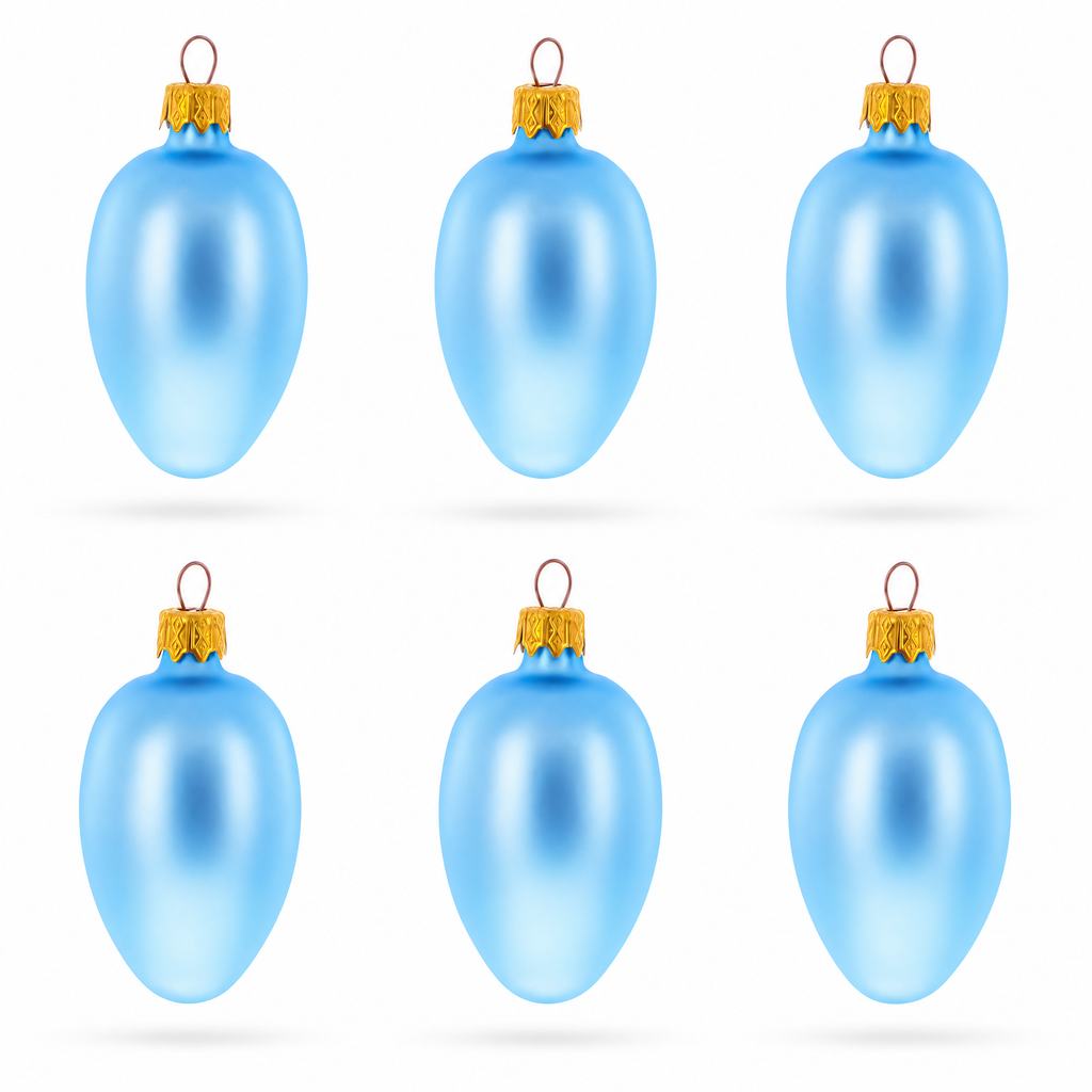 Set of 6 Blue Mini Glass Egg Ornaments 2.9 Inches