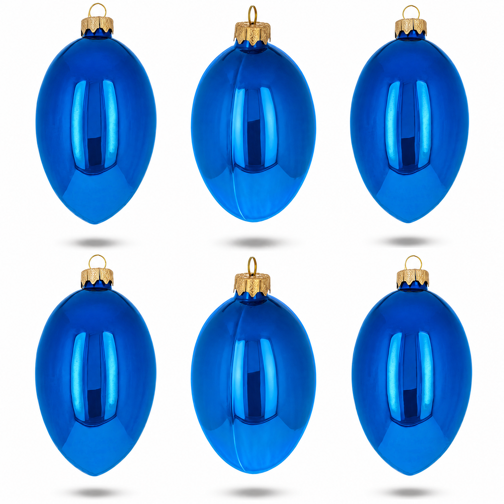 Set of 6 Blue Glossy Glass Egg Ornaments 4 Inches