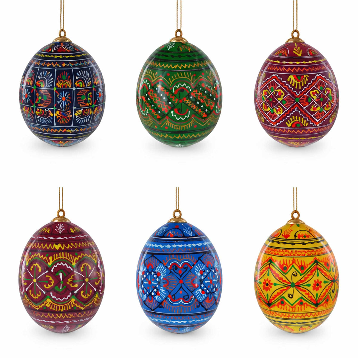 Set of 6 Ukrainian Geometric Wooden Pysanky Easter Eggs Ornaments