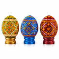 Set of 3 Colorful Geometric Ukrainian Pysanky Wooden Easter Eggs with Stands