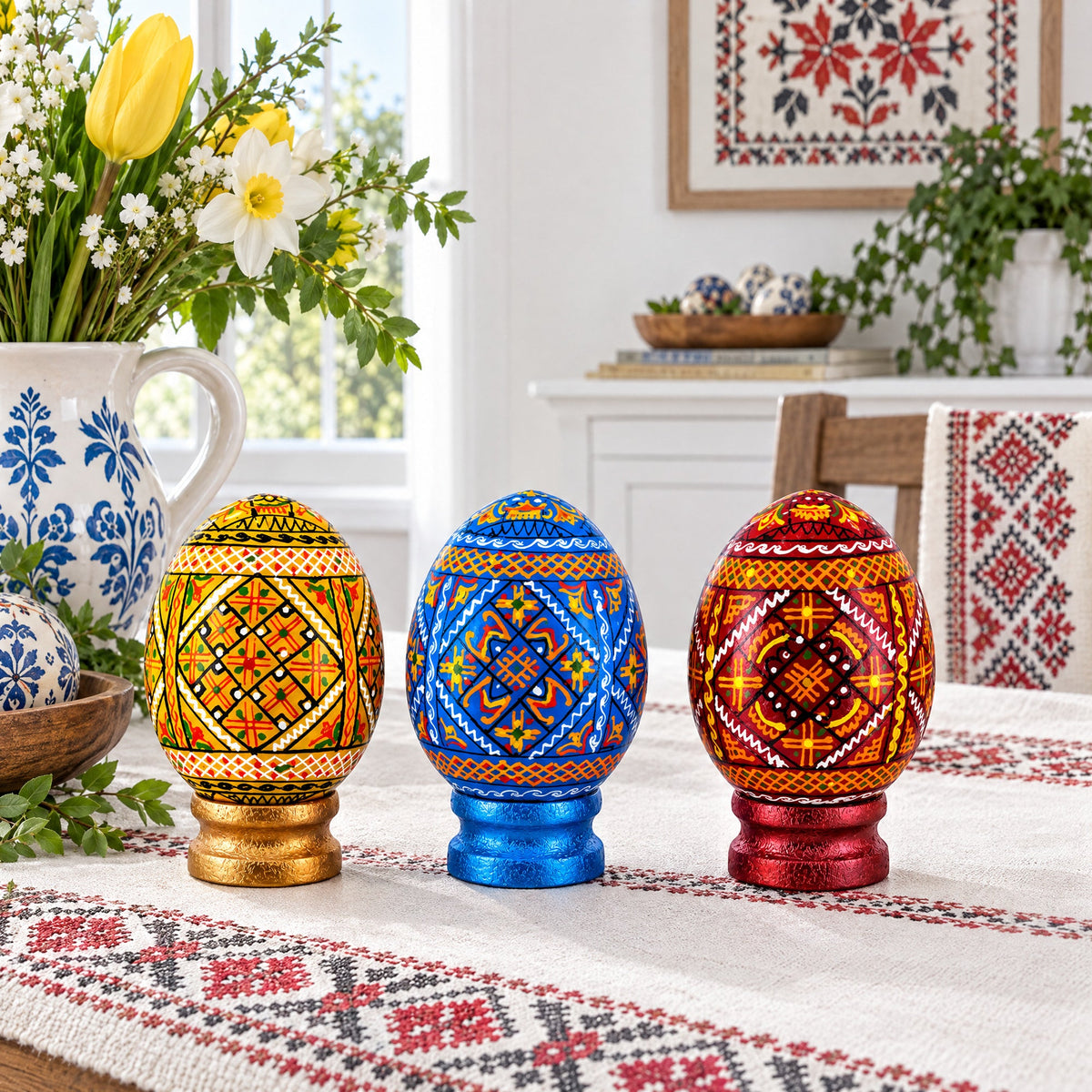 Set of 3 Colorful Geometric Ukrainian Pysanky Wooden Easter Eggs with Stands