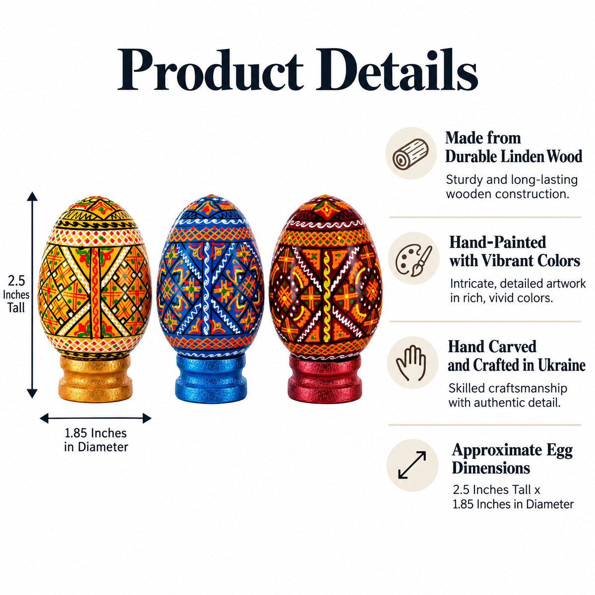Set of 3 Colorful Geometric Ukrainian Pysanky Wooden Easter Eggs with Stands