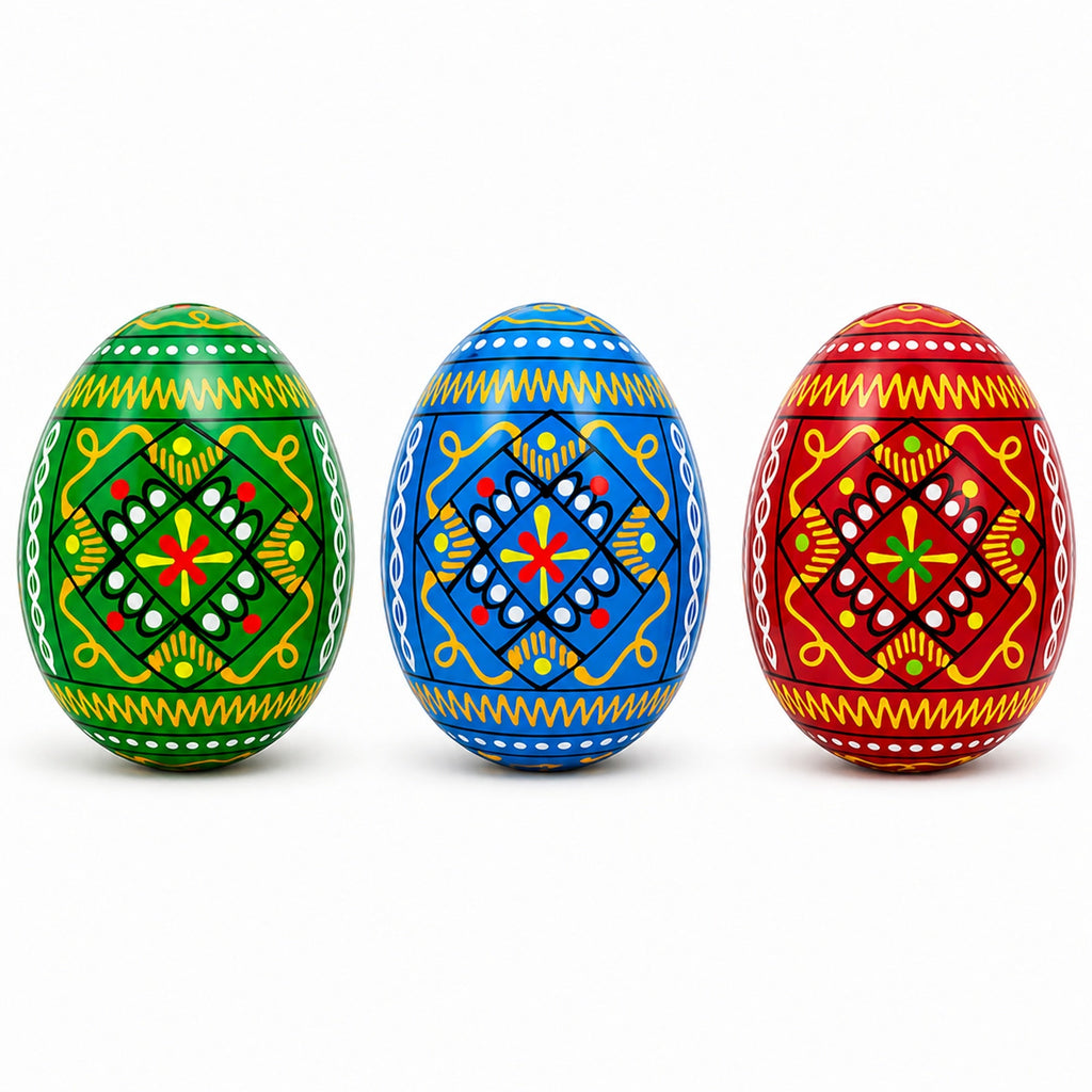Set of 3 Vibrant Geometric Ukrainian Pysanky Wooden Easter Eggs 2.5 Inches