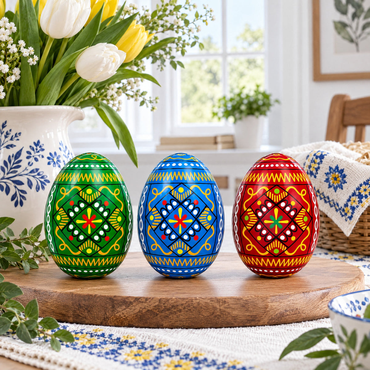 Set of 3 Vibrant Geometric Ukrainian Pysanky Wooden Easter Eggs 2.5 Inches