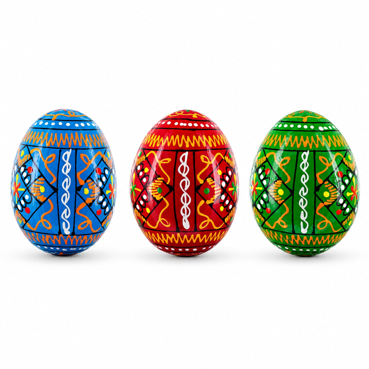 Set of 3 Vibrant Geometric Ukrainian Pysanky Wooden Easter Eggs 2.5 Inches