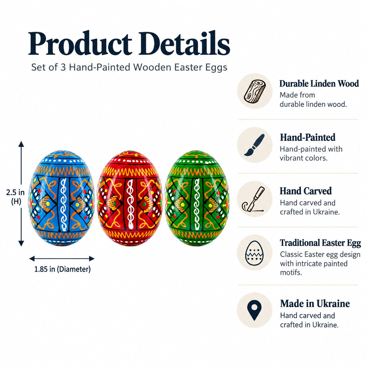 Set of 3 Vibrant Geometric Ukrainian Pysanky Wooden Easter Eggs 2.5 Inches