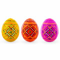 Set of 3 Yellow, Pink, Orange Geometric Ukrainian Pysanky Wooden Easter Eggs 2.5 Inches