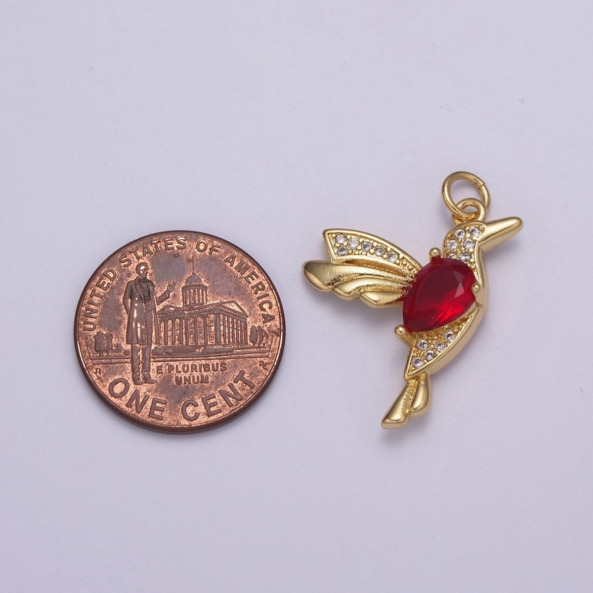 24K Gold Filled 25mm Red Micro Paved CZ Hummingbird Bird Animal Charm | N230