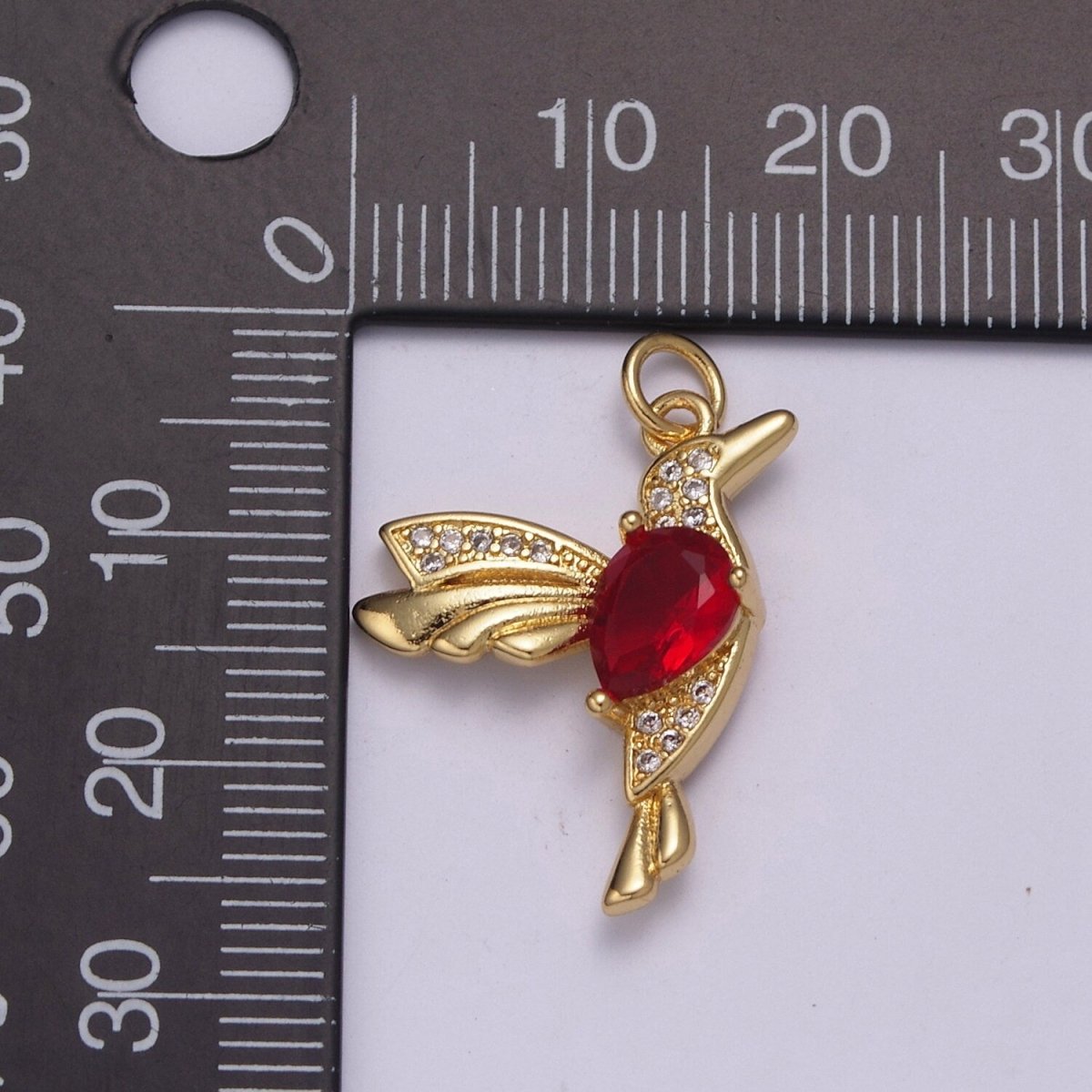24K Gold Filled 25mm Red Micro Paved CZ Hummingbird Bird Animal Charm | N230