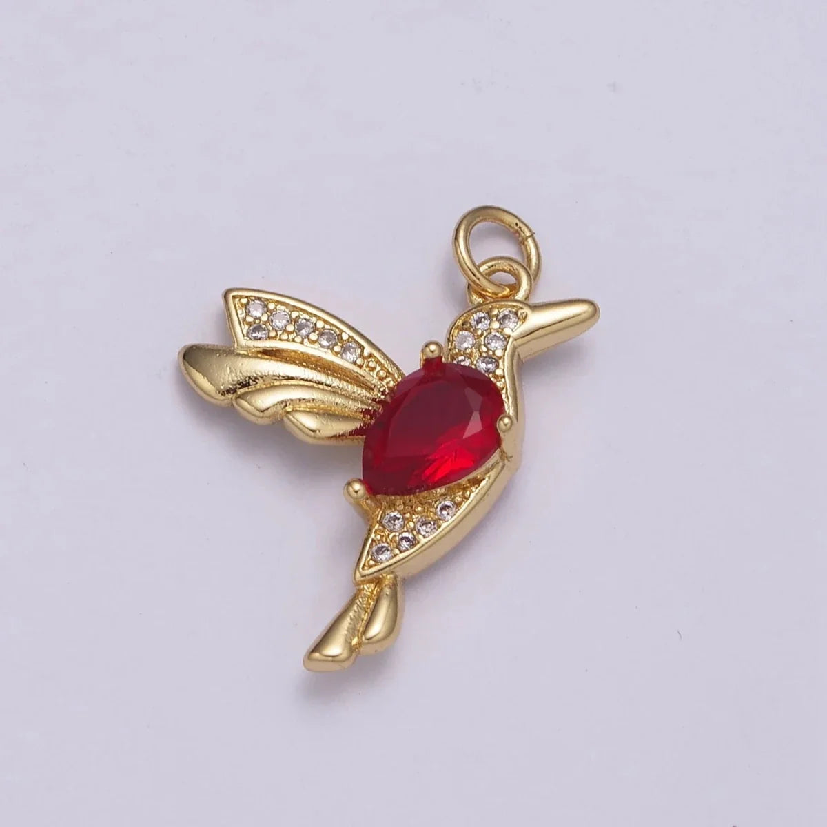 24K Gold Filled 25mm Red Micro Paved CZ Hummingbird Bird Animal Charm | N230