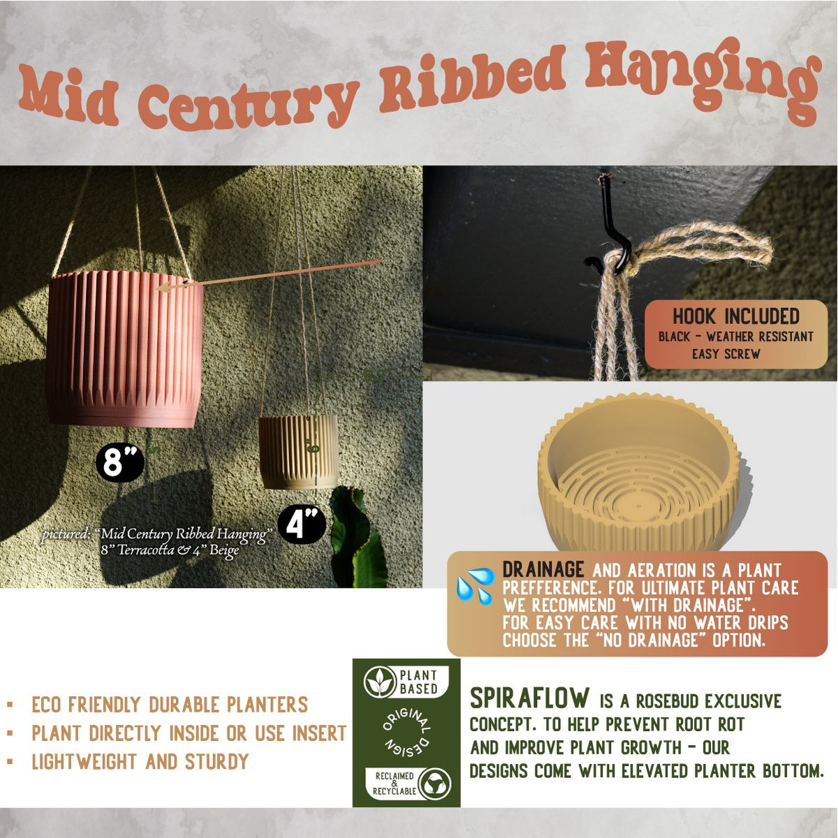 Mid Century Ribbed Hanging Plant Pots