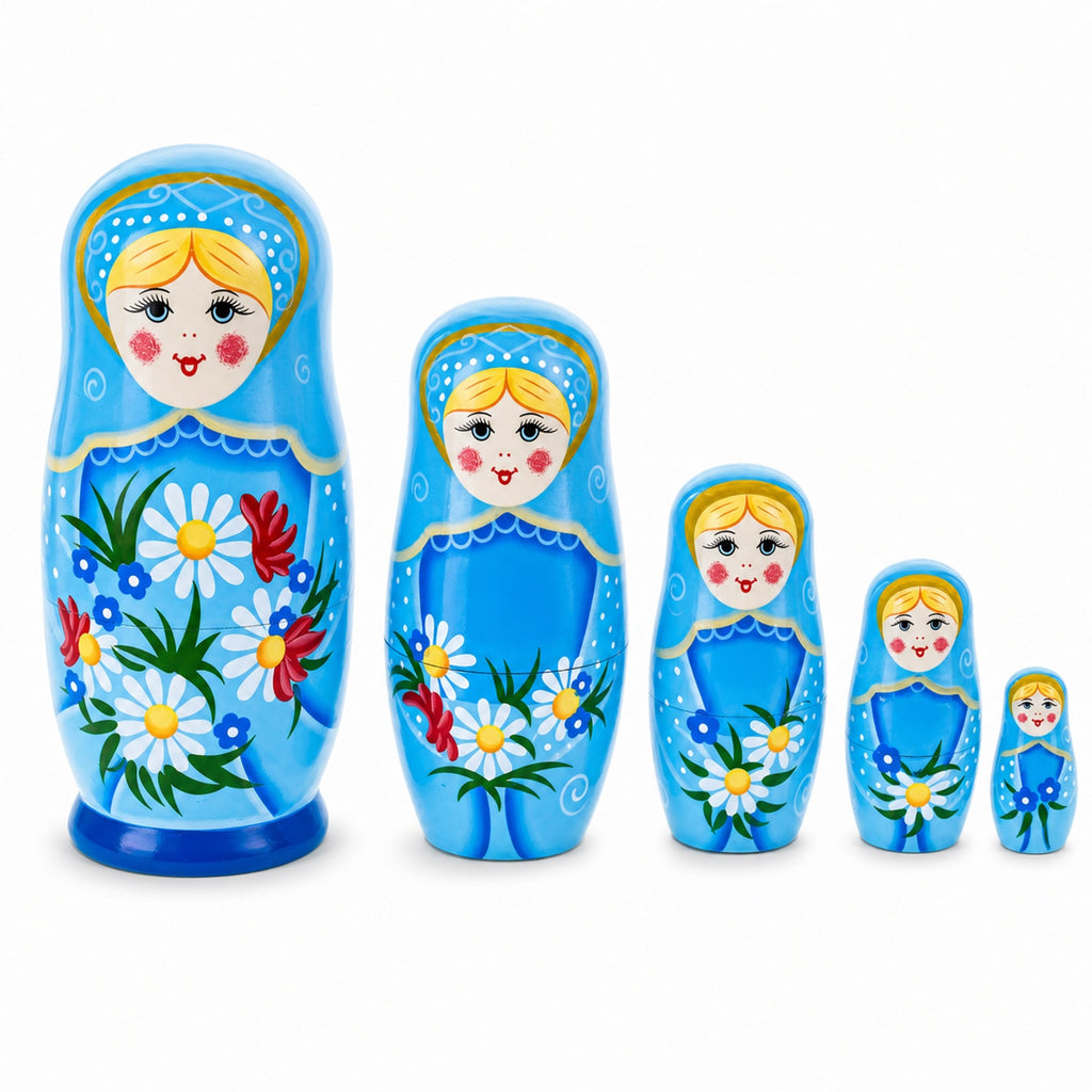 5 Girls with Daisy Flowers & Blue Skirt Wooden Nesting Dolls 6 Inches