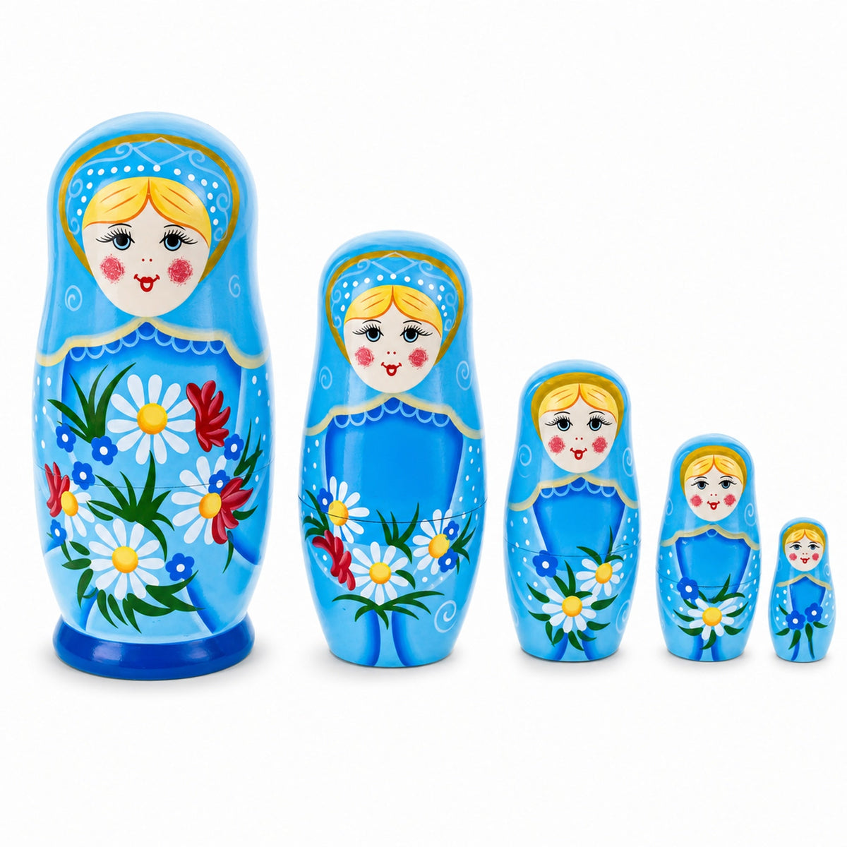 5 Girls with Daisy Flowers & Blue Skirt Wooden Nesting Dolls 6 Inches