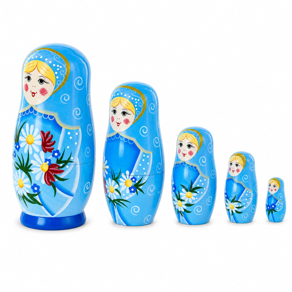 5 Girls with Daisy Flowers & Blue Skirt Wooden Nesting Dolls 6 Inches