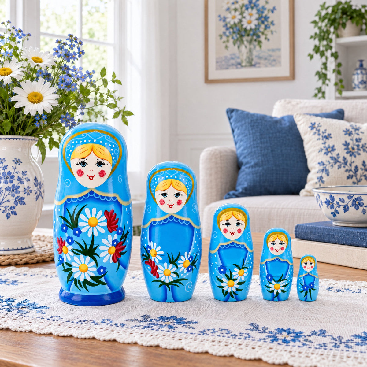 5 Girls with Daisy Flowers & Blue Skirt Wooden Nesting Dolls 6 Inches