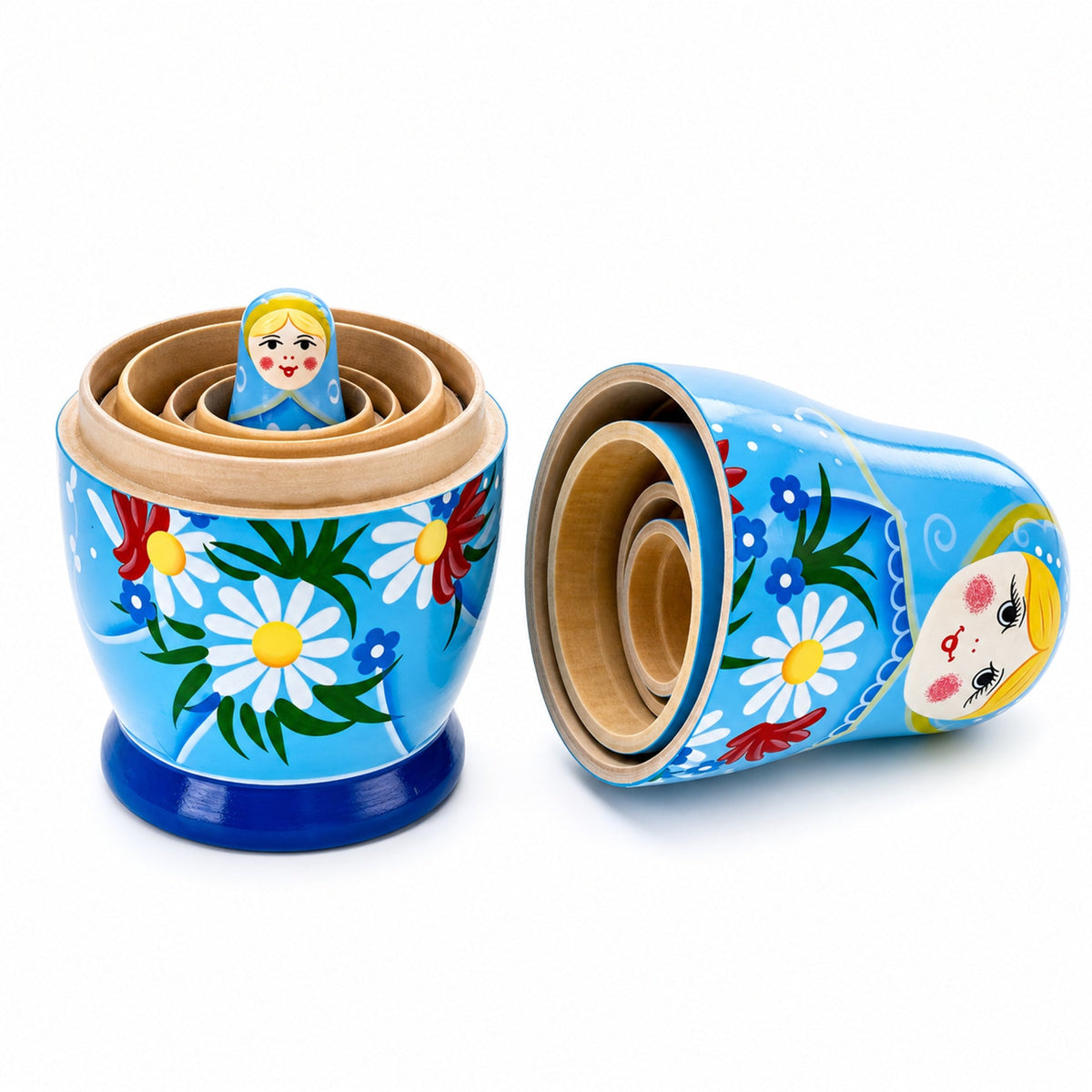 5 Girls with Daisy Flowers & Blue Skirt Wooden Nesting Dolls 6 Inches