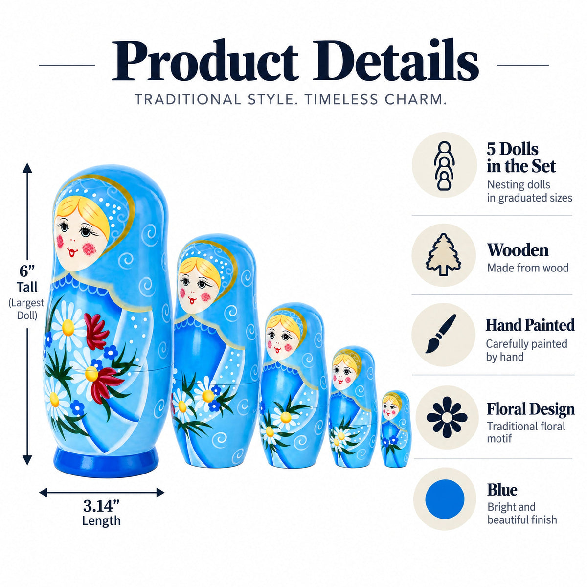5 Girls with Daisy Flowers & Blue Skirt Wooden Nesting Dolls 6 Inches