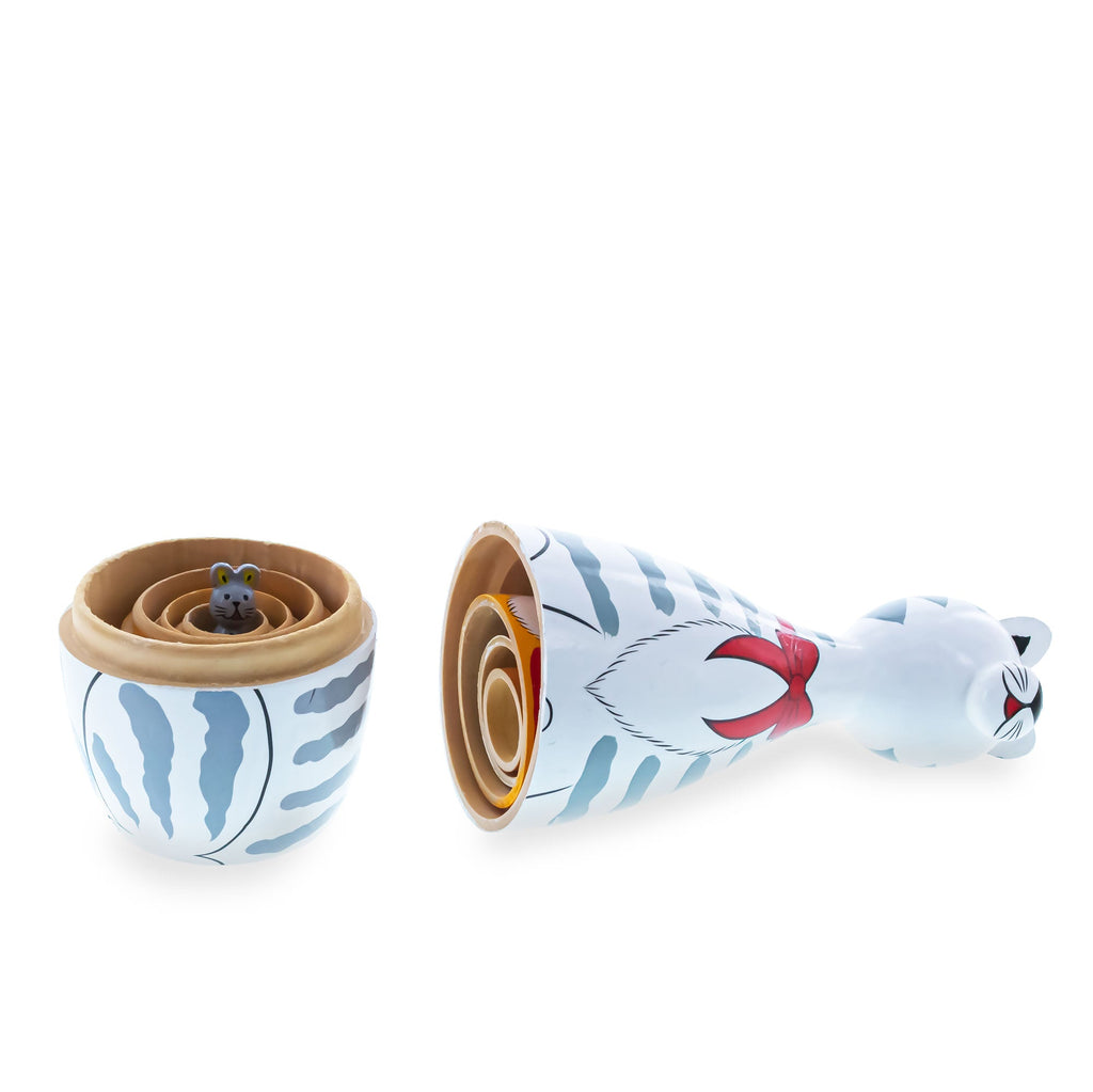 Four Cats and Mouse Wooden Nesting Dolls 7 Inches