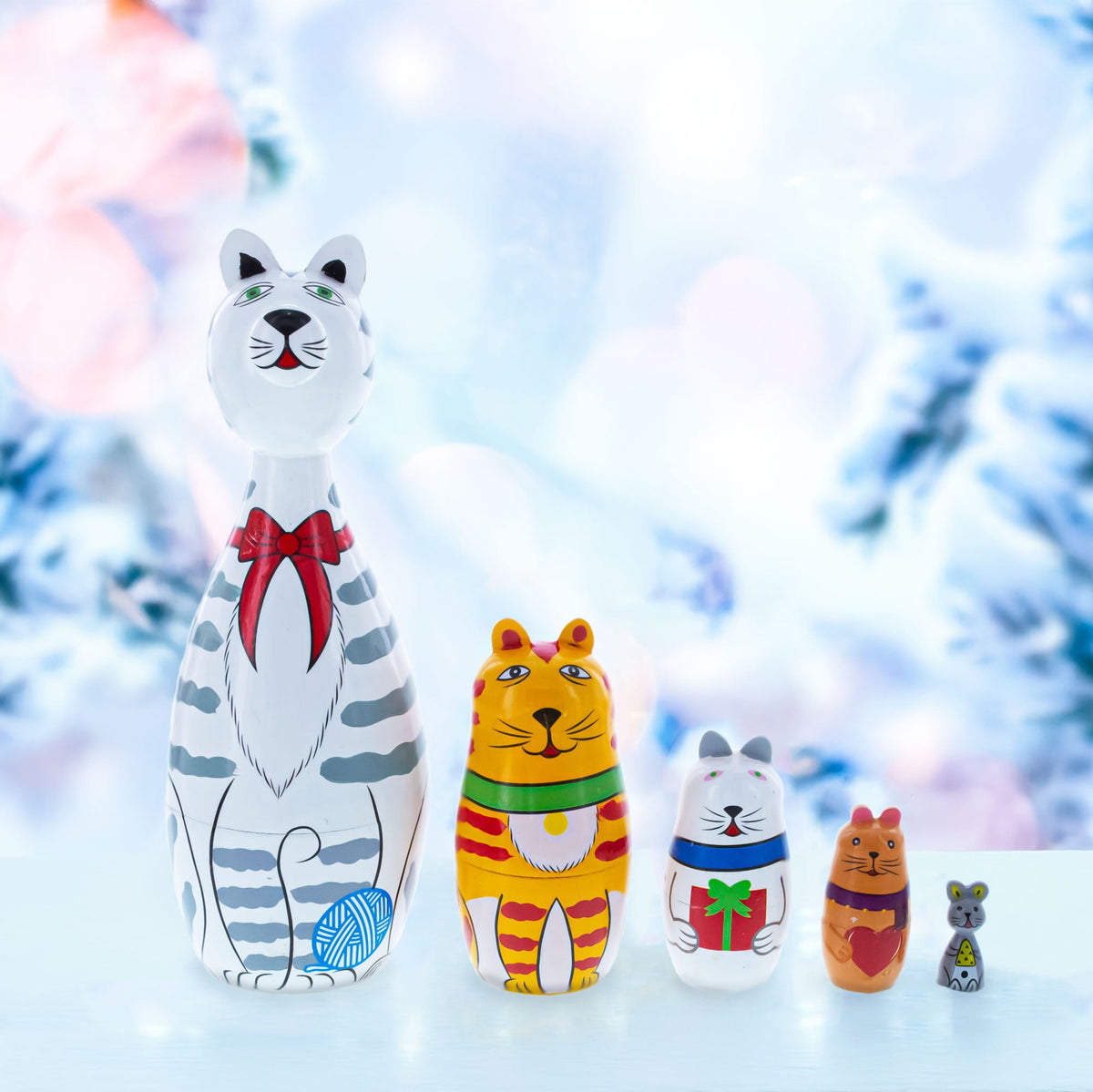 Four Cats and Mouse Wooden Nesting Dolls 7 Inches