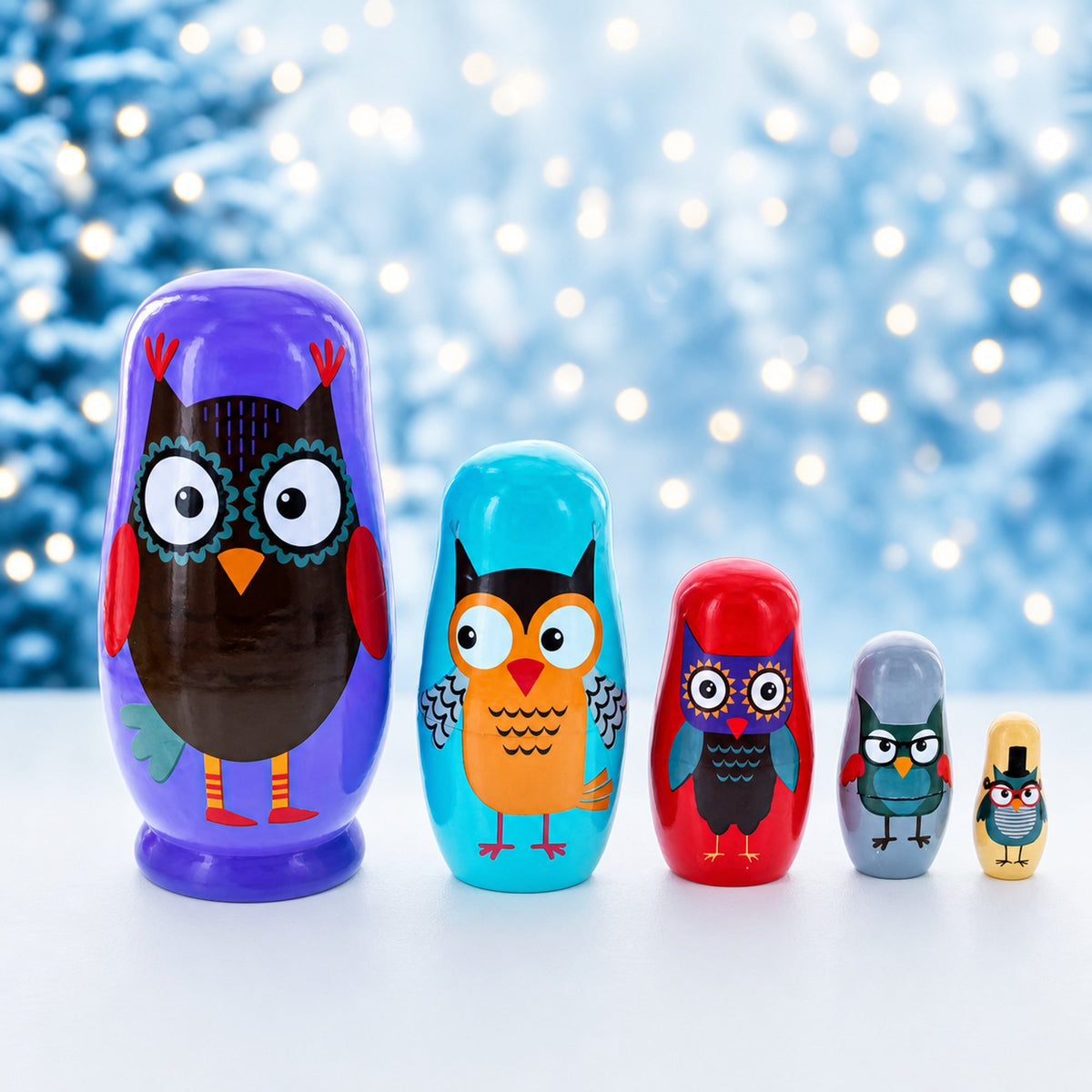Set of 5 Wise Owls Family Wooden Nesting Dolls 5.75 Inches