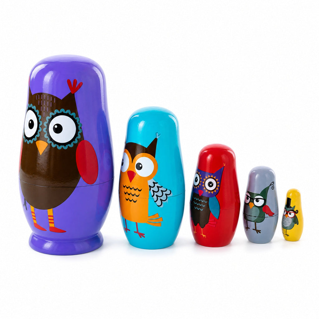 Set of 5 Wise Owls Family Wooden Nesting Dolls 5.75 Inches