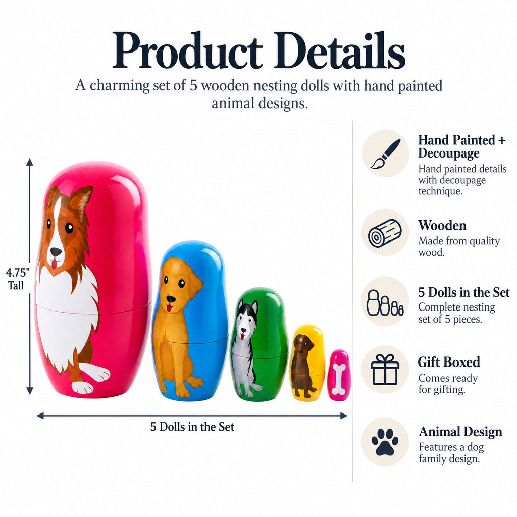 Dogs Wooden Nesting Dolls 4.75 Inches