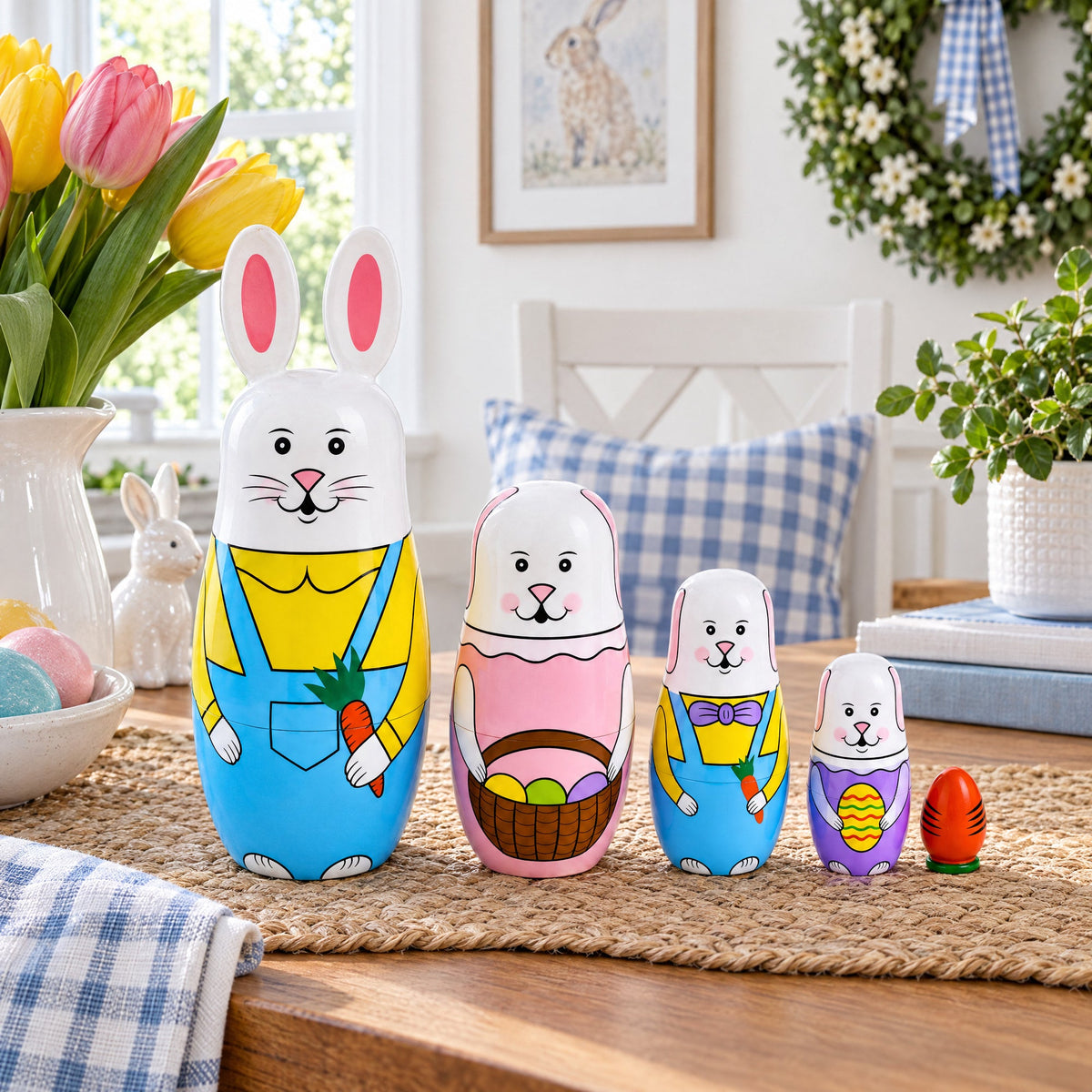 Set of 5 Bunnies Wooden Nesting Dolls 7 Inches Tall