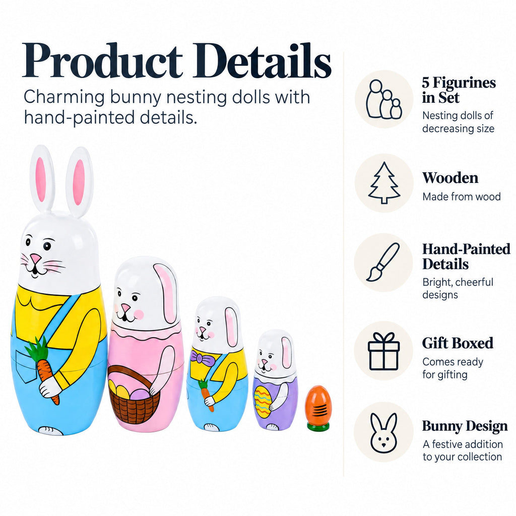 Set of 5 Bunnies Wooden Nesting Dolls 7 Inches Tall