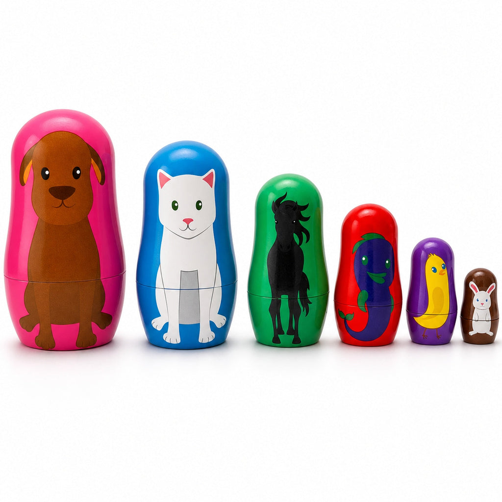 6 Animals: Dog, Cat, Horse, Fish, Chick, Bunny Plastic Nesting Dolls 4.5 Inches