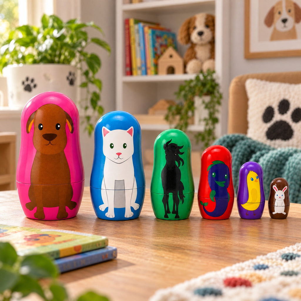6 Animals: Dog, Cat, Horse, Fish, Chick, Bunny Plastic Nesting Dolls 4.5 Inches