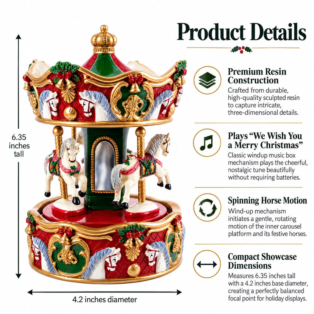 Animated Musical Christmas Carousel Figurine - Rotating Horse Music Box